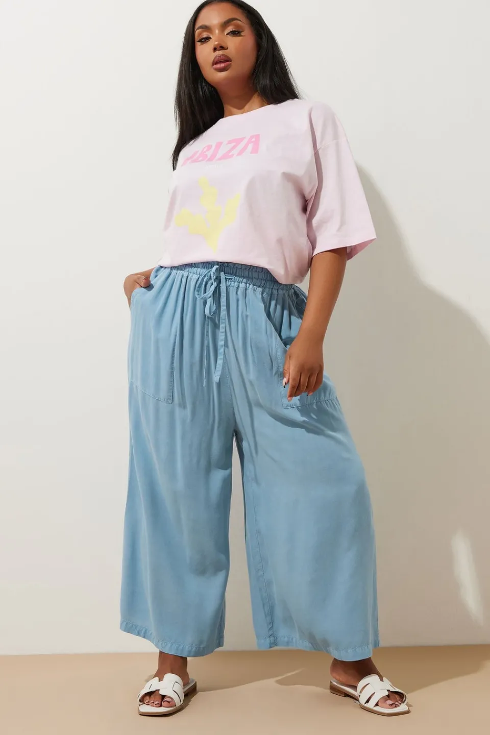 Trousers>YOURS Curve Blue Chambray Tie Front Culottes