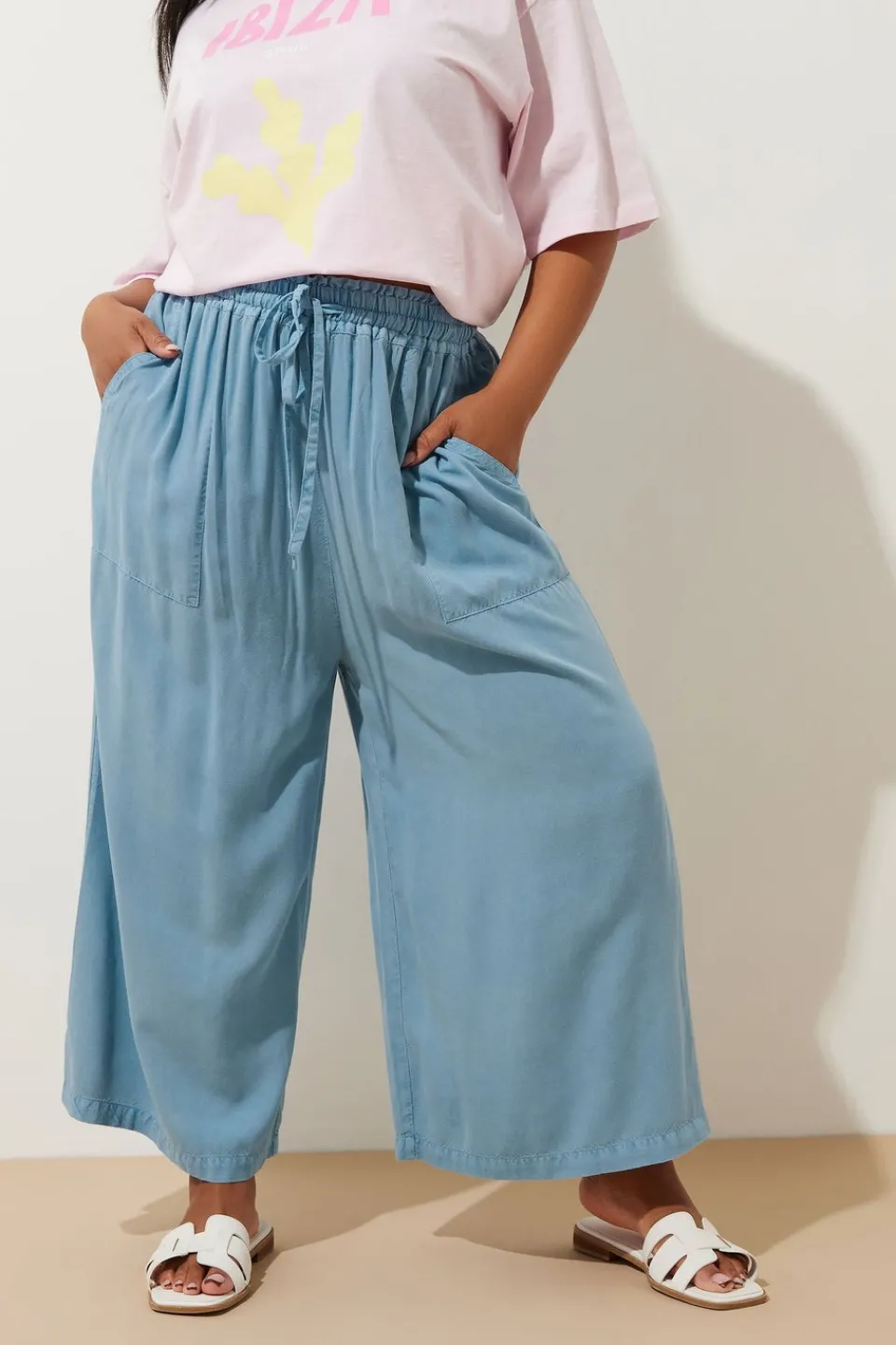 Trousers>YOURS Curve Blue Chambray Tie Front Culottes