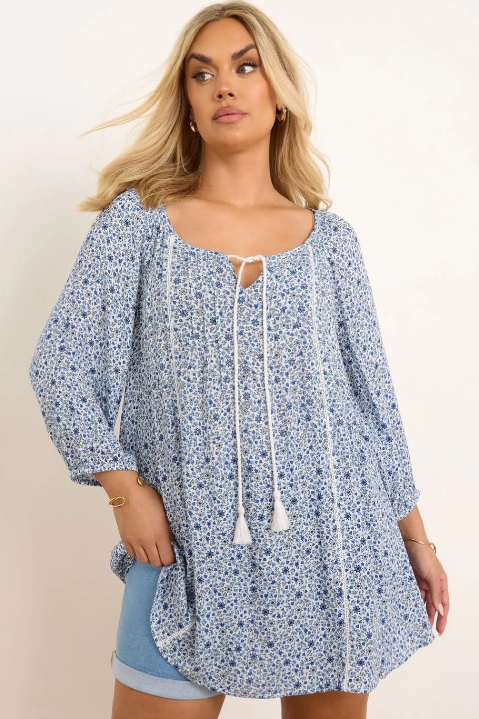 Tops>YOURS Curve Blue Ditsy Floral Print Tie Neck Top