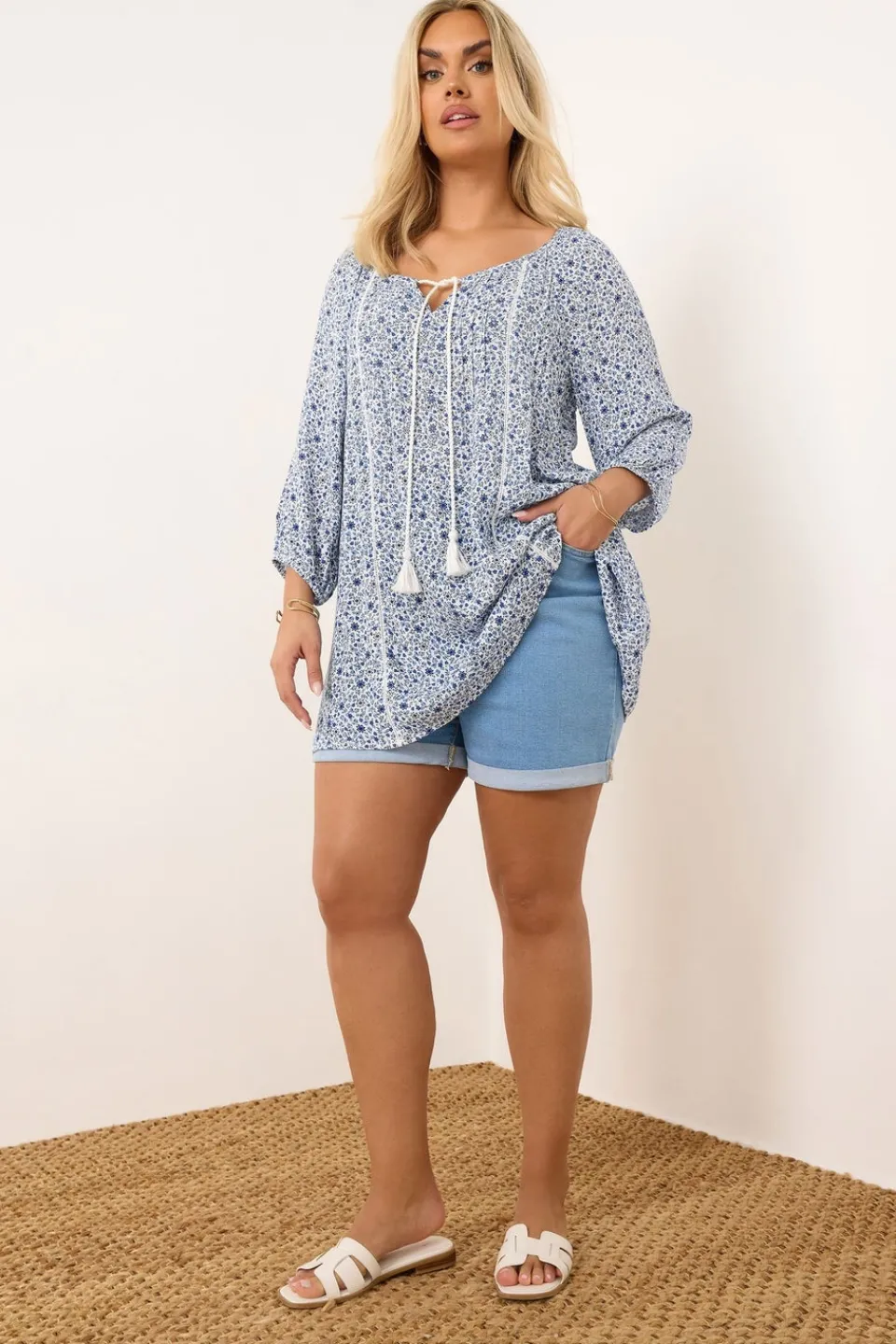 Tops>YOURS Curve Blue Ditsy Floral Print Tie Neck Top