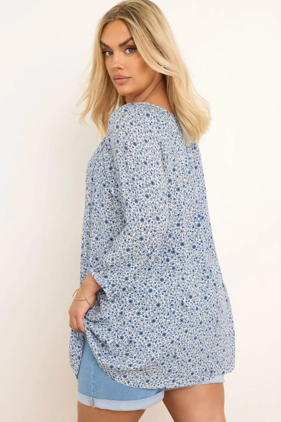 Tops>YOURS Curve Blue Ditsy Floral Print Tie Neck Top