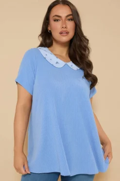 T-Shirts>YOURS Curve Blue Ditsy Floral Collar Ribbed Swing Top