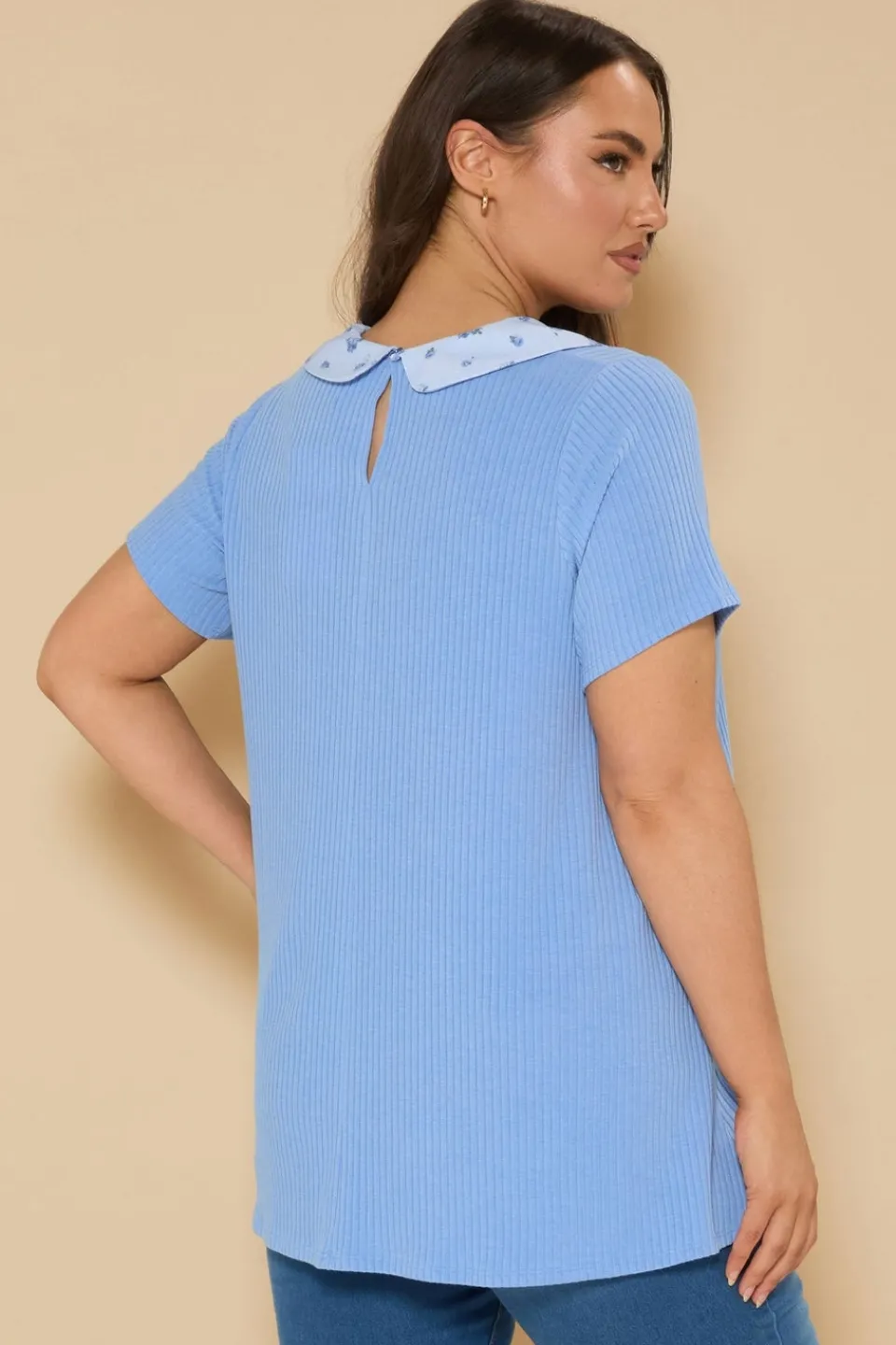 T-Shirts>YOURS Curve Blue Ditsy Floral Collar Ribbed Swing Top