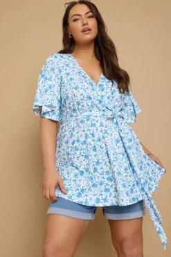 Tops>YOURS Curve Blue Floral Print Ribbed Wrap Top