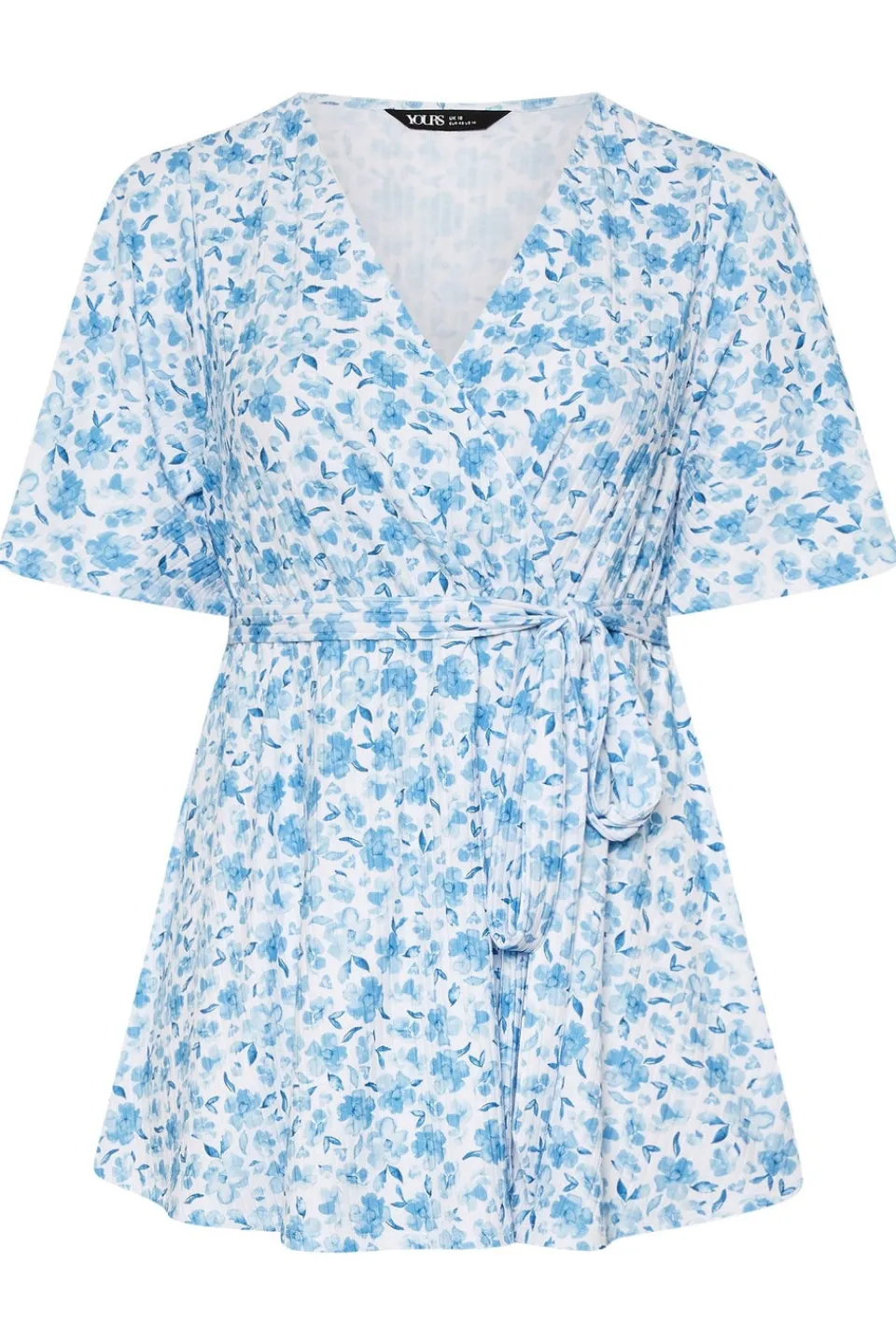 Tops>YOURS Curve Blue Floral Print Ribbed Wrap Top