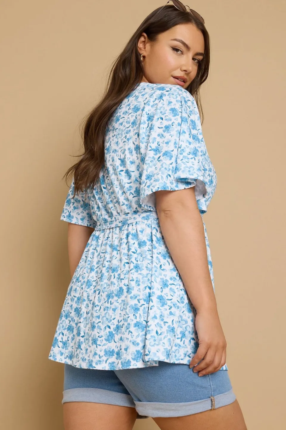 Tops>YOURS Curve Blue Floral Print Ribbed Wrap Top