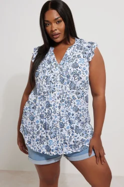 Tops>YOURS Curve Blue Floral Sleeveless Pintuck Blouse