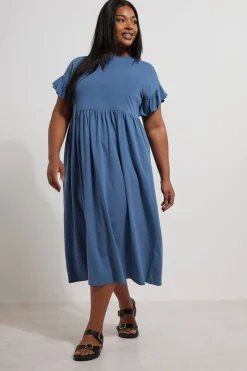 Dresses>YOURS Curve Blue Frill Sleeve Cotton Midaxi Dress