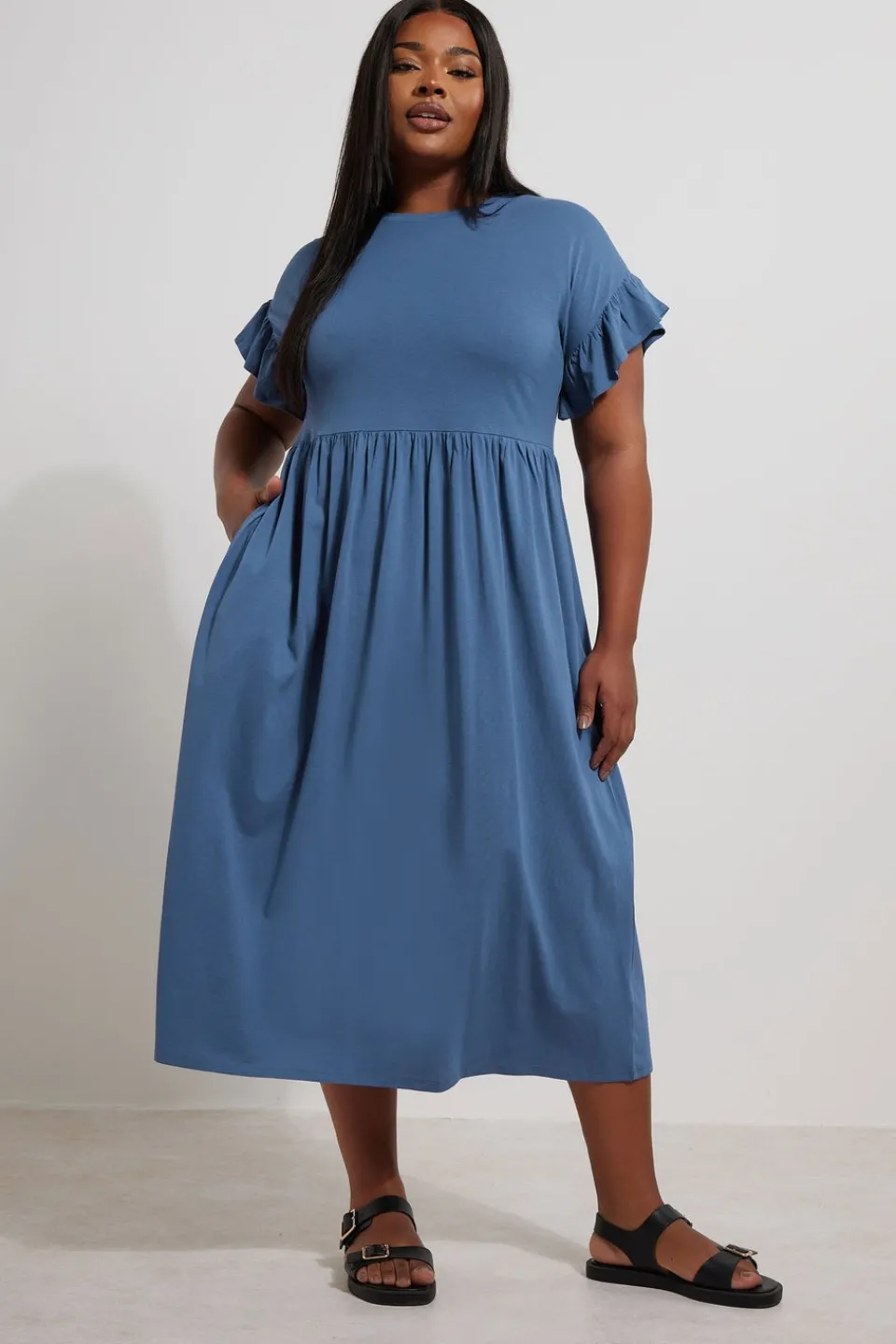 Dresses>YOURS Curve Blue Frill Sleeve Cotton Midaxi Dress