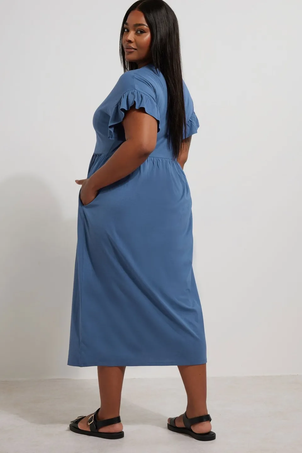 Dresses>YOURS Curve Blue Frill Sleeve Cotton Midaxi Dress