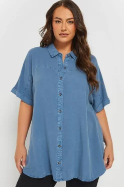Tops>YOURS Curve Blue Short Sleeve Chambray Shirt