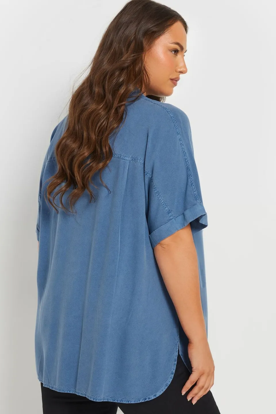Tops>YOURS Curve Blue Short Sleeve Chambray Shirt