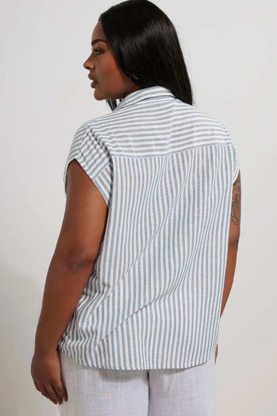 Tops>YOURS Curve Blue Stripe Boxy Sleeveless Shirt