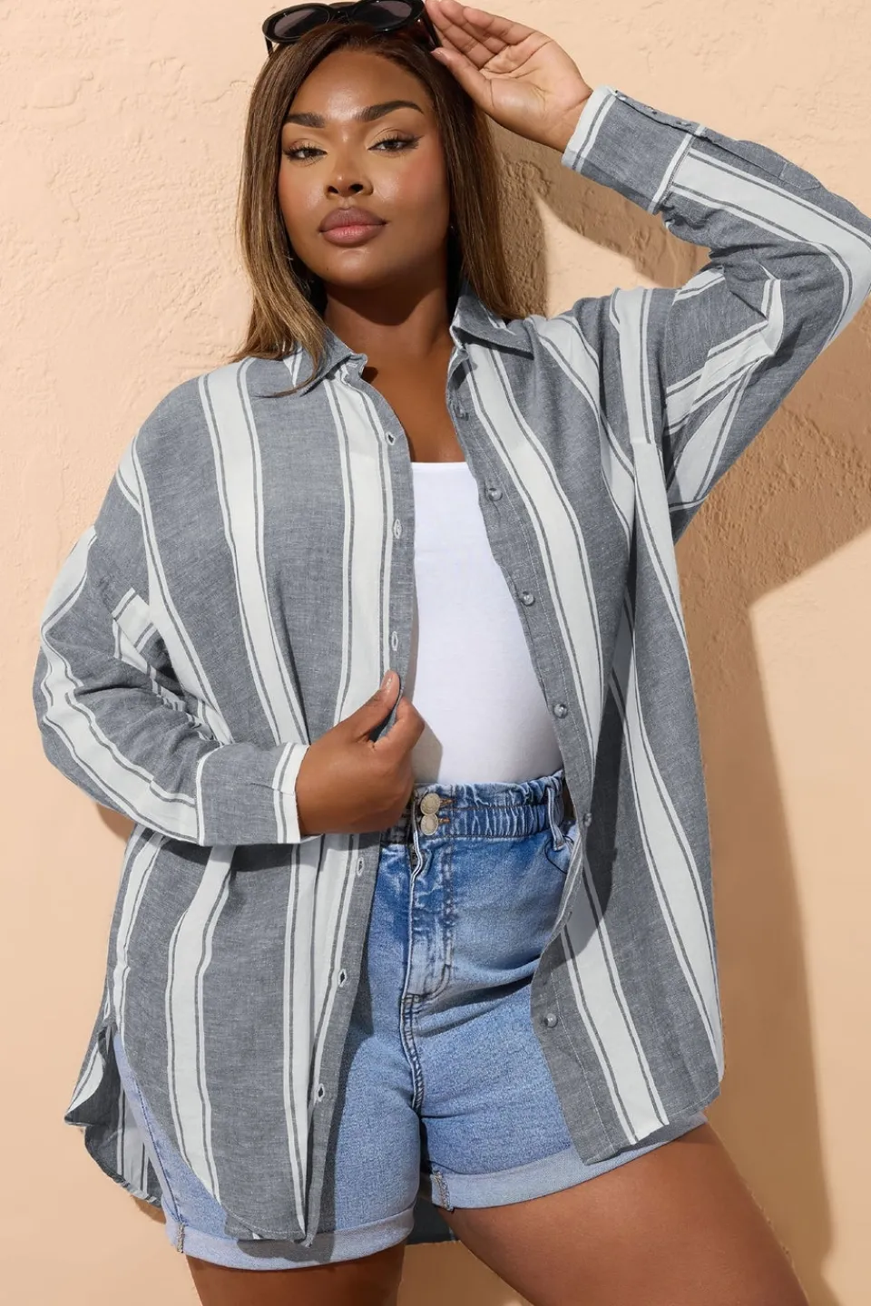Blouses & Shirts>YOURS Curve Blue Stripe Linen Shirt