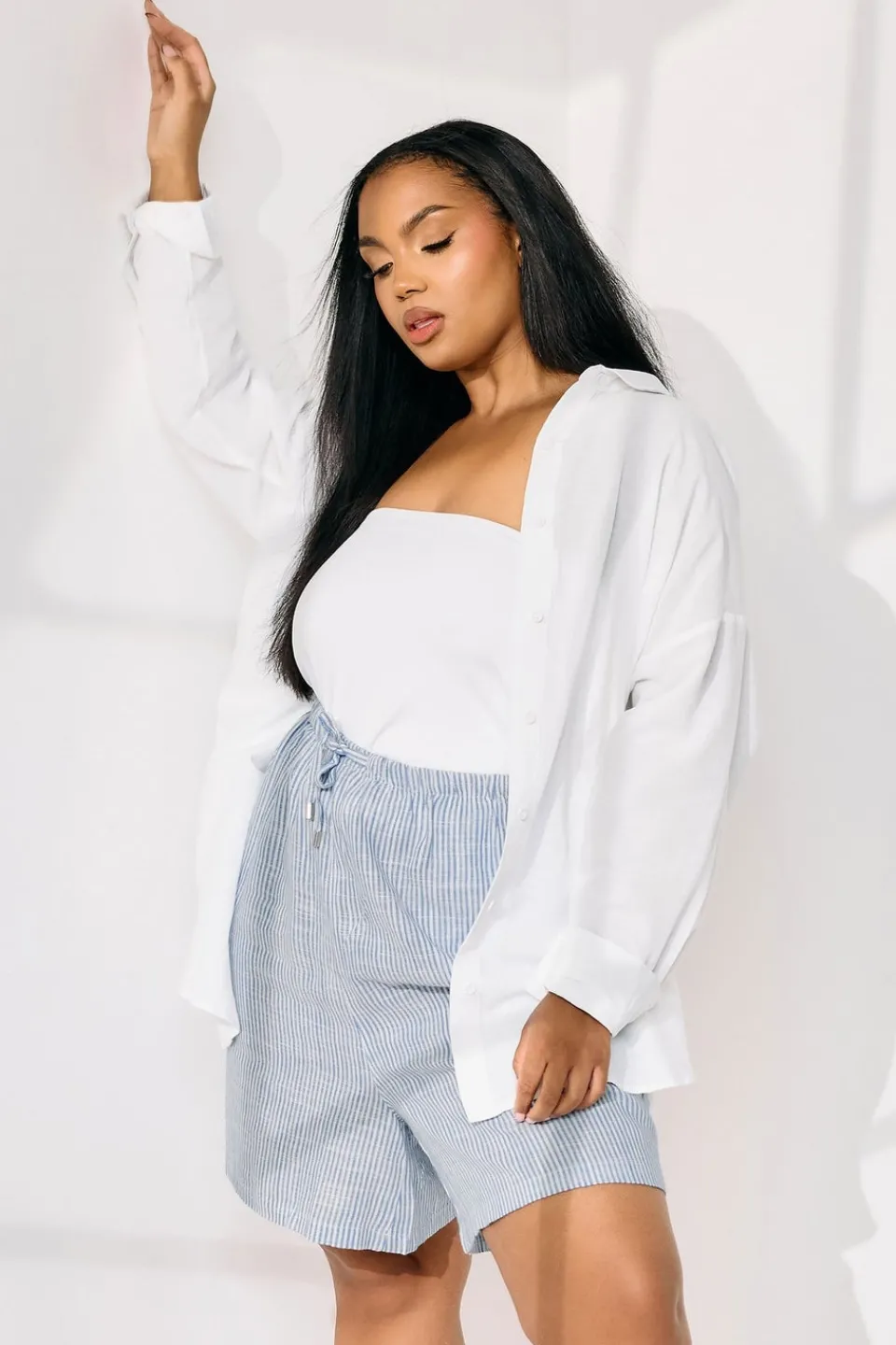 Shorts>YOURS Curve Blue Stripe Tie Front Linen Shorts