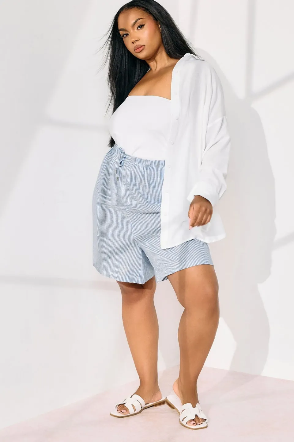 Shorts>YOURS Curve Blue Stripe Tie Front Linen Shorts