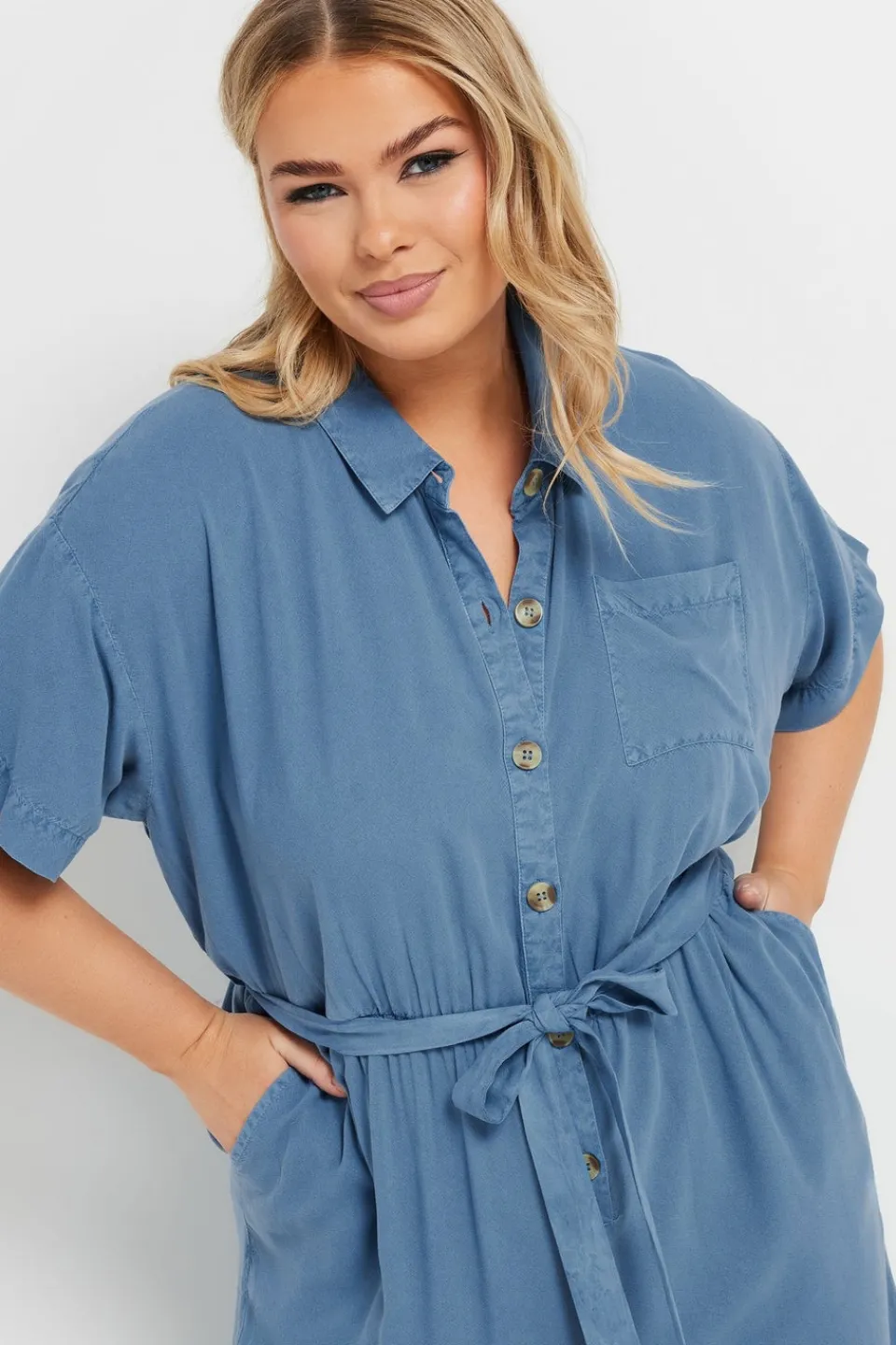 Jumpsuits & Playsuits>YOURS Curve Blue Wide Leg Chambray Jumpsuit