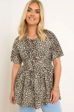 Tops>YOURS Curve Brown Leopard Print Bow Tie Front Peplum Top