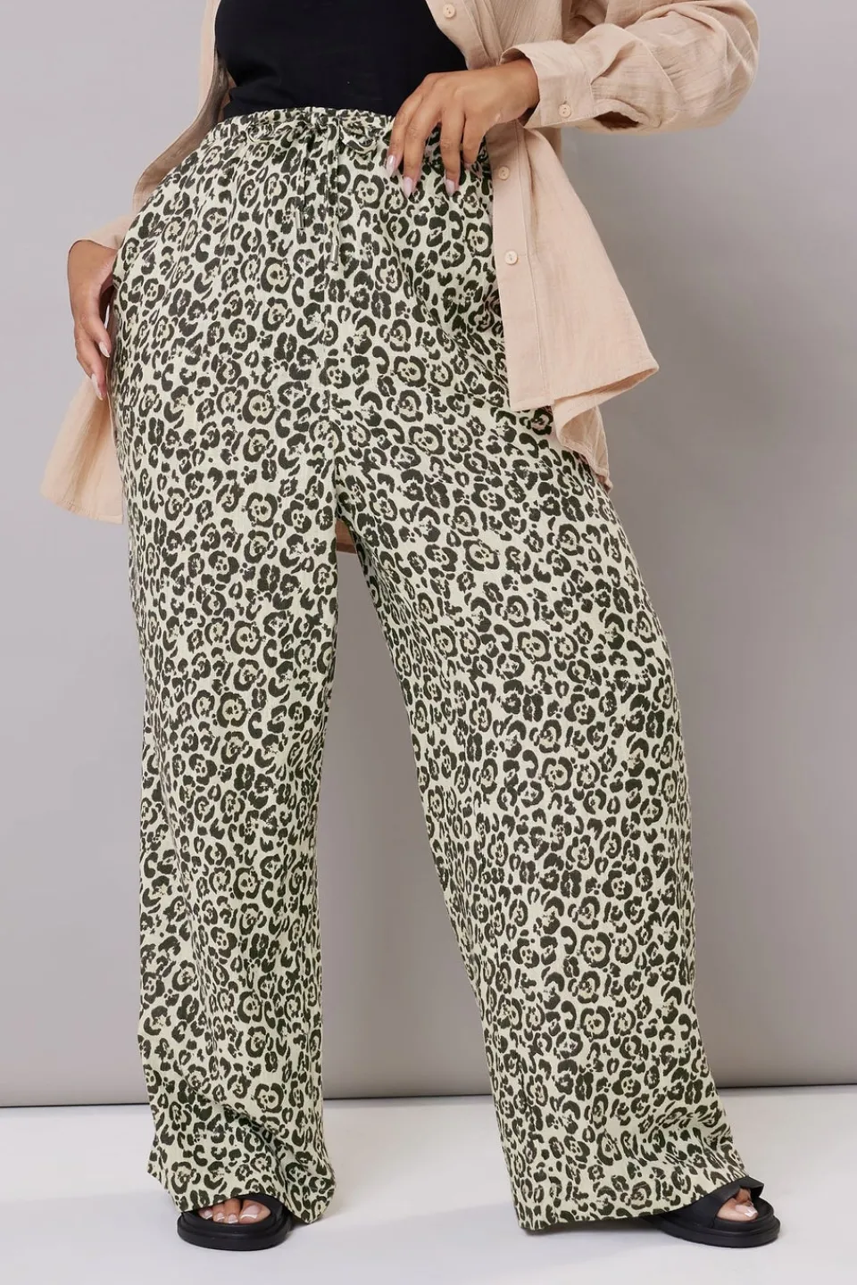 Trousers>YOURS Curve Brown Leopard Print Linen Tie Front Trousers