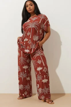 Trousers>YOURS Curve Brown Palm Print Plisse Wide Leg Trousers