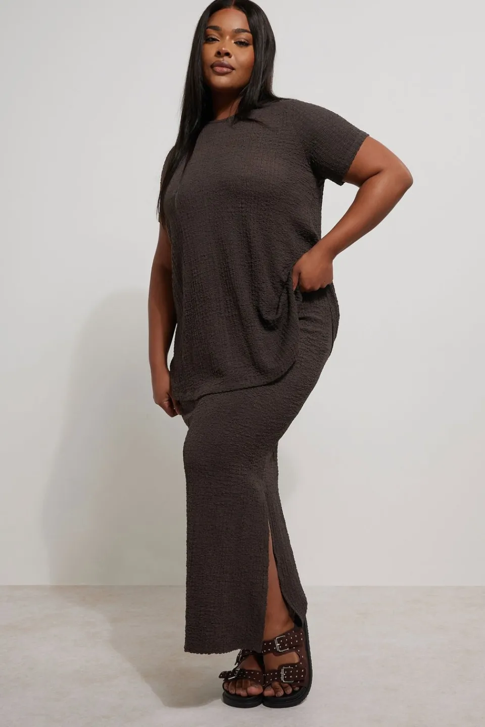 Skirts>YOURS Curve Chocolate Brown Textured Side Split Maxi Skirt