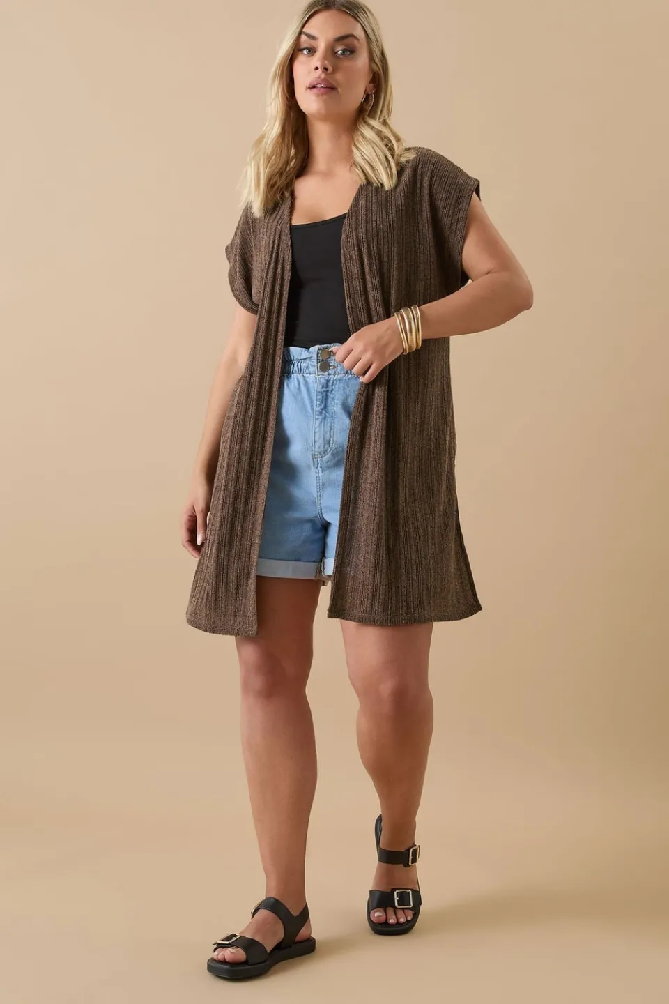 Tops>YOURS Curve Chocolate Brown Ribbed Jersey Cardigan