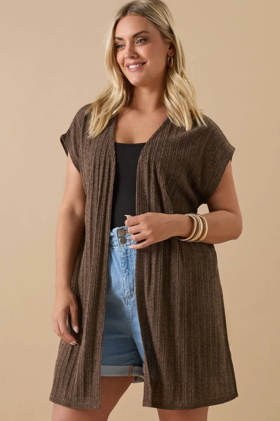 Tops>YOURS Curve Chocolate Brown Ribbed Jersey Cardigan
