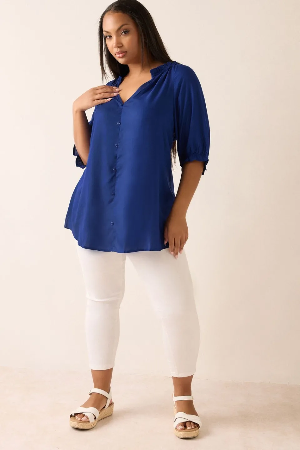 Tops>YOURS Curve Cobalt Blue Frill Notch Neck Blouse