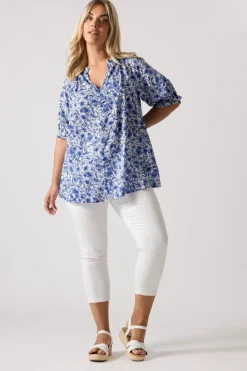 Blouses & Shirts>YOURS Curve Cobalt Blue Floral Frill Notch Neck Blouse