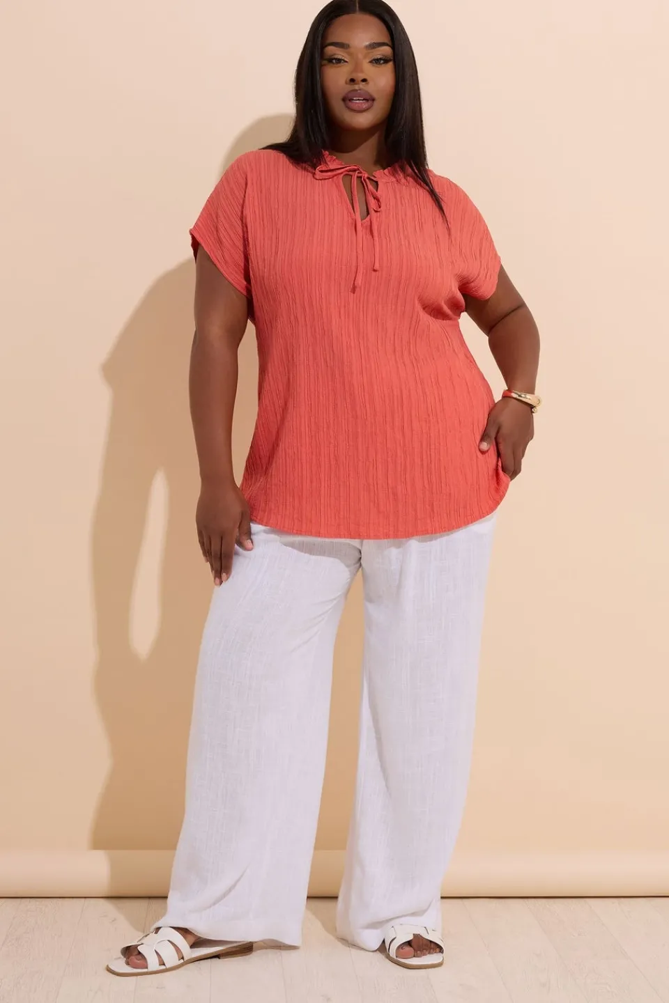 Tops>YOURS Curve Coral Orange Textured Frill Neck Top