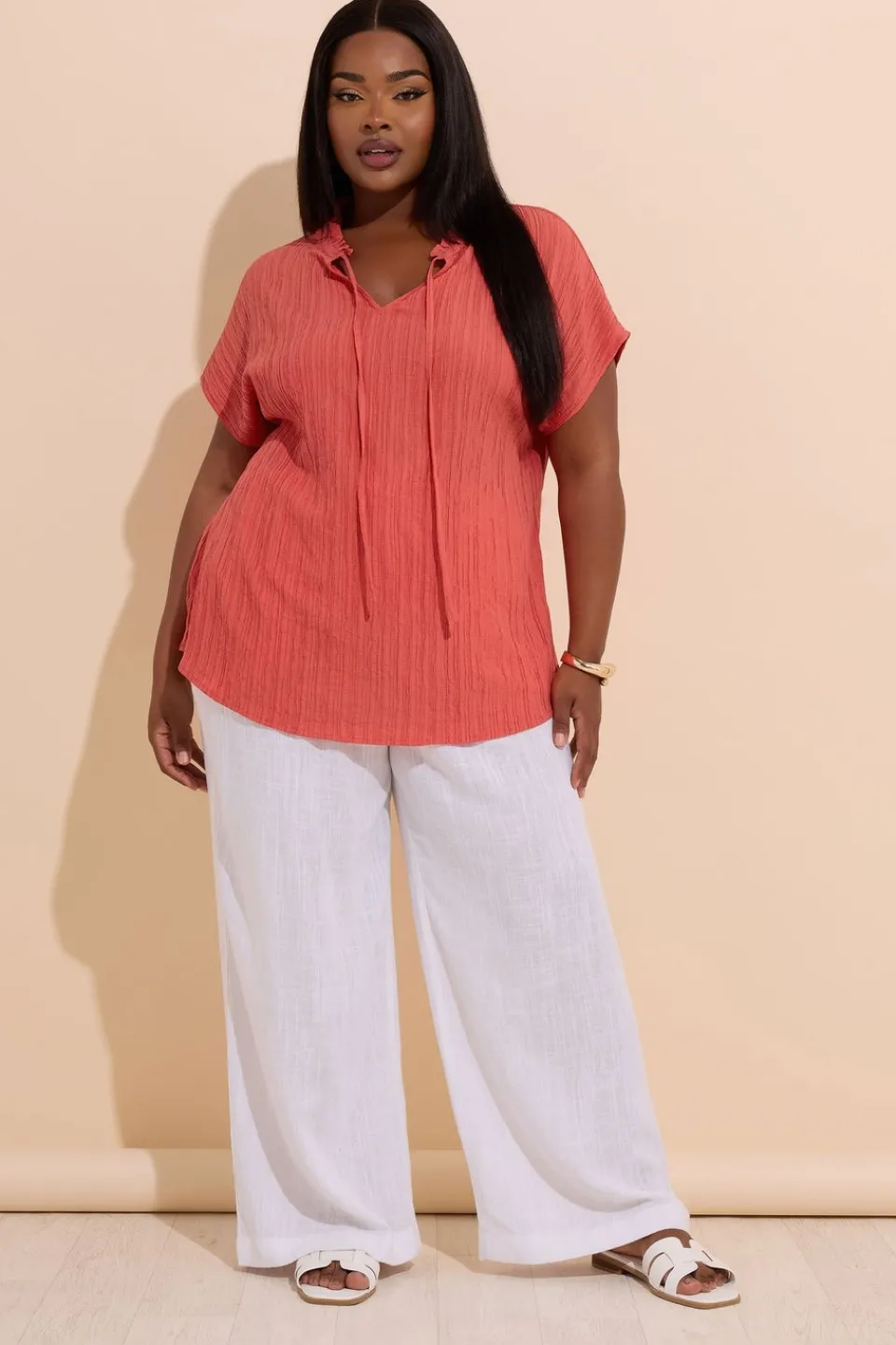 Tops>YOURS Curve Coral Orange Textured Frill Neck Top