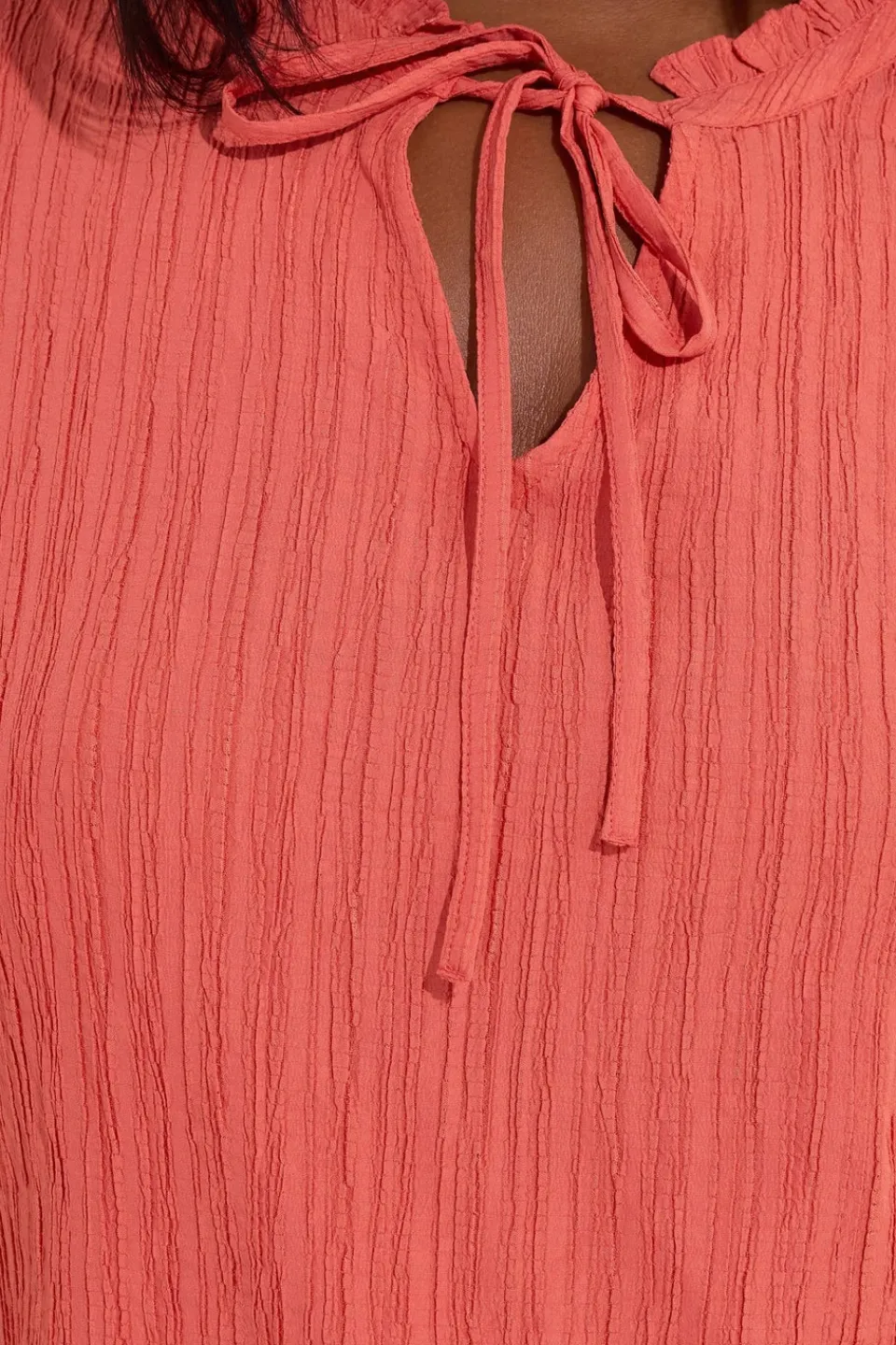 Tops>YOURS Curve Coral Orange Textured Frill Neck Top