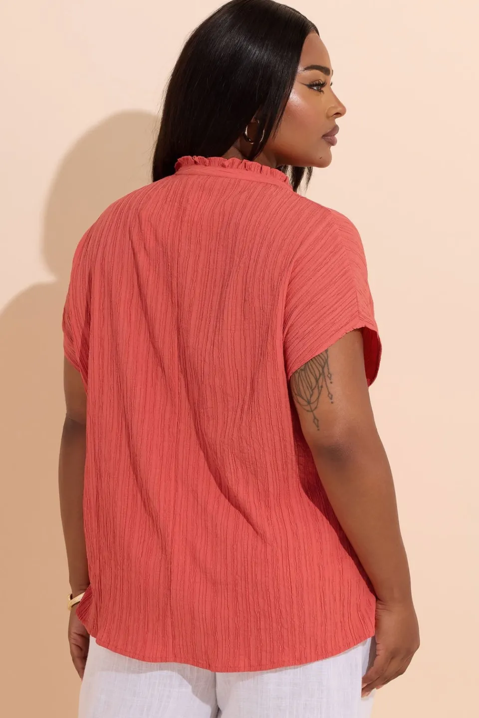 Tops>YOURS Curve Coral Orange Textured Frill Neck Top