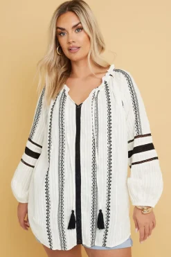 Tops>YOURS Curve Cream Embroidered Tie Neck Blouse