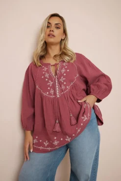 Tops>YOURS Curve Dark Red Embroidered Tie Neck Blouse