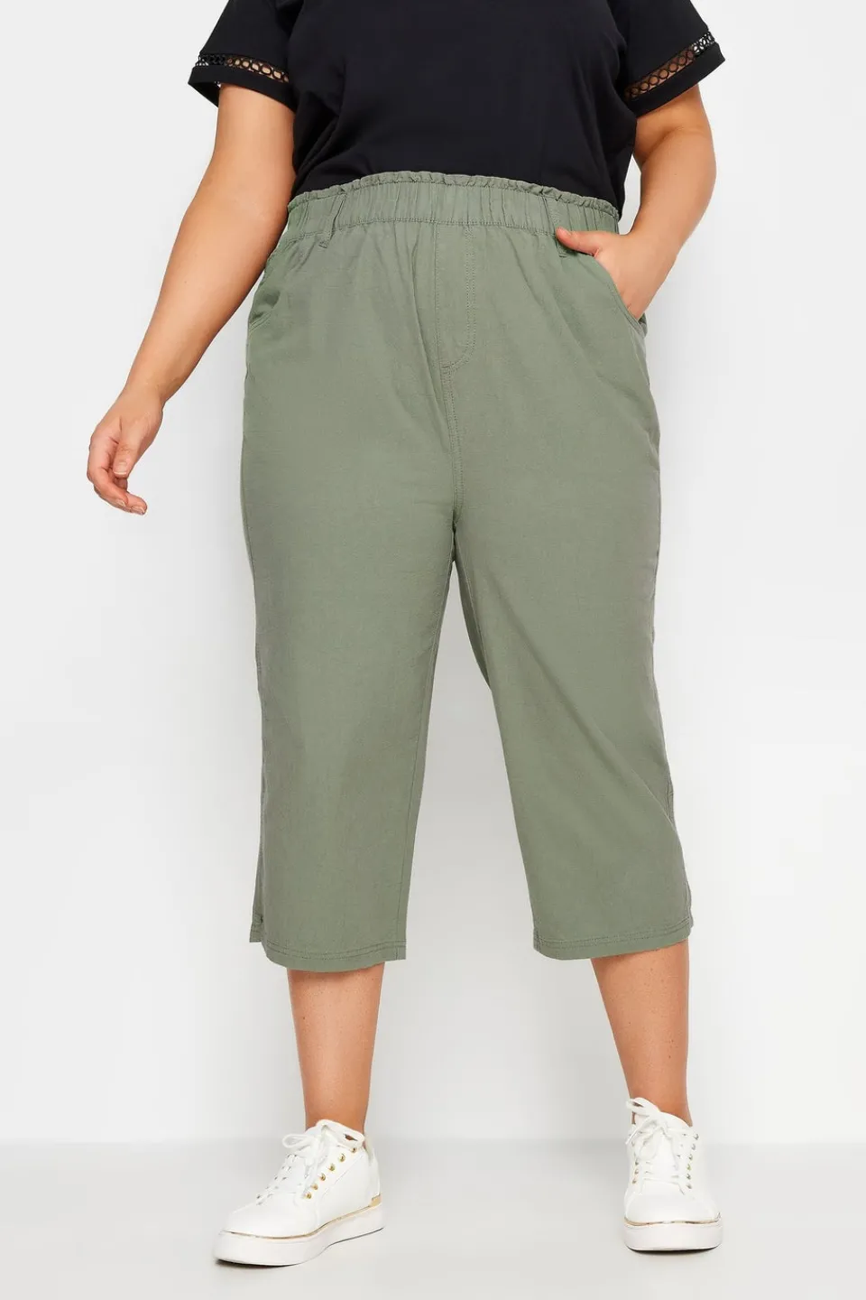 Trousers>YOURS Curve Green Khaki Cool Cotton Cropped Trousers