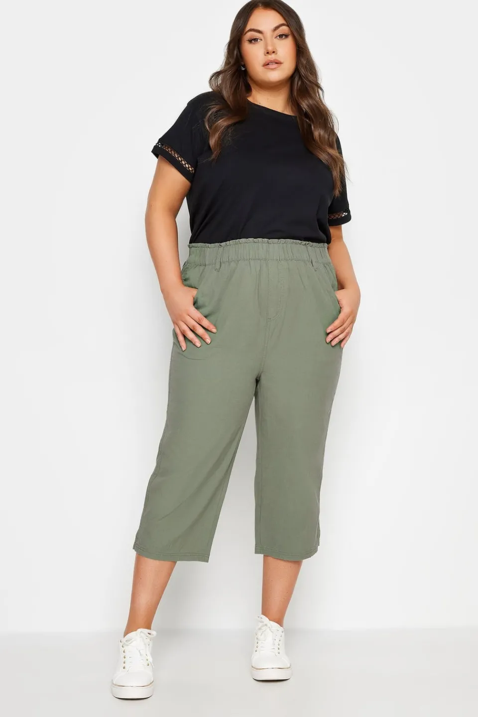 Trousers>YOURS Curve Green Khaki Cool Cotton Cropped Trousers
