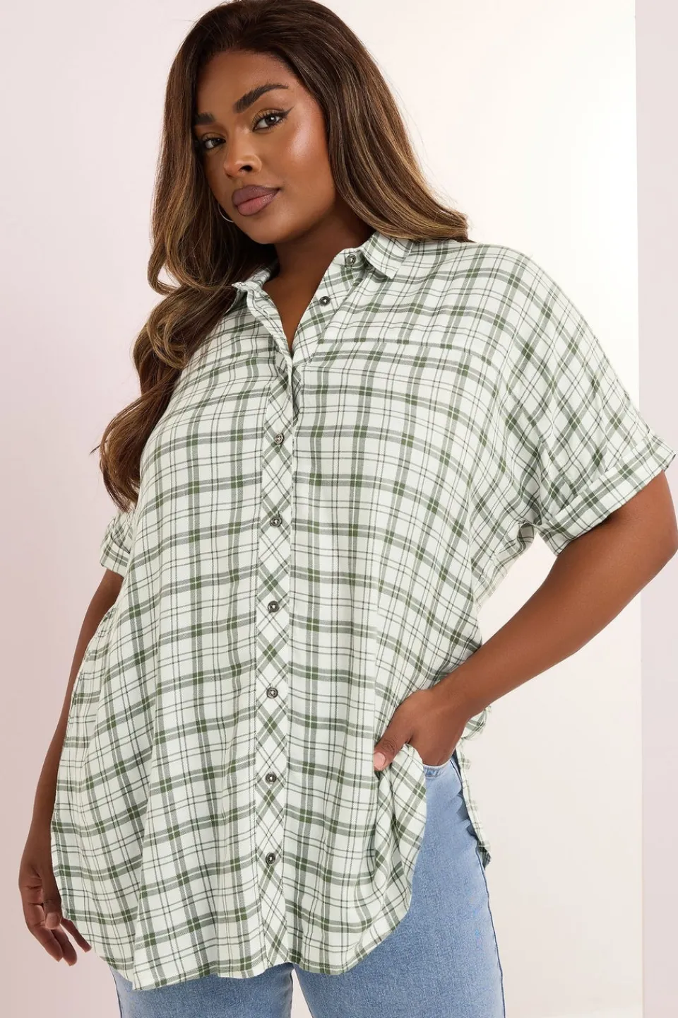Tops>YOURS Curve Green Metallic Check Print Shirt