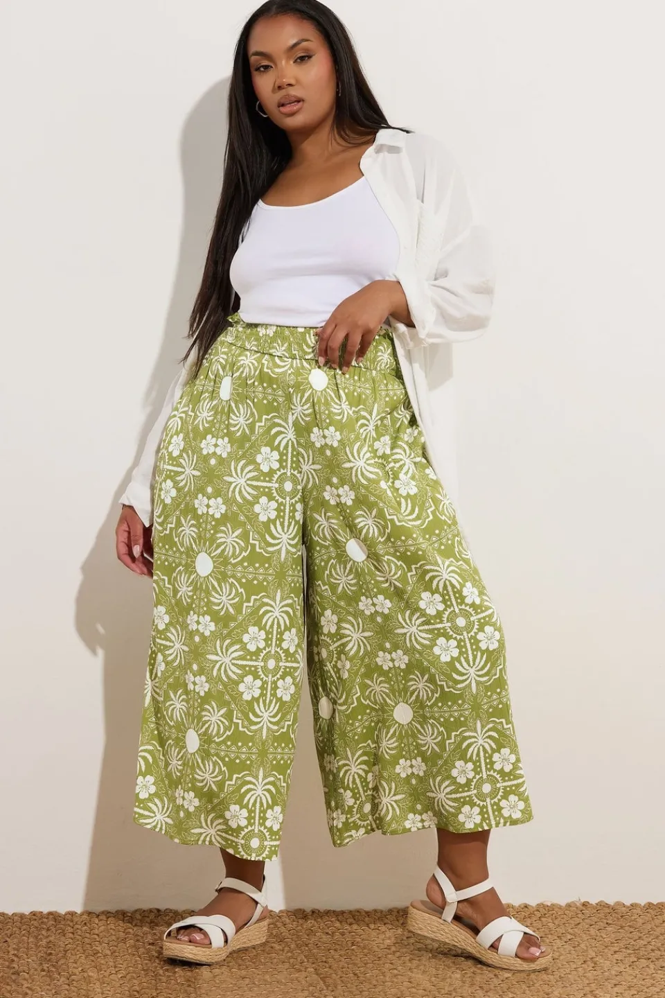 Trousers>YOURS Curve Green Palm Print Shirred Midaxi Culottes