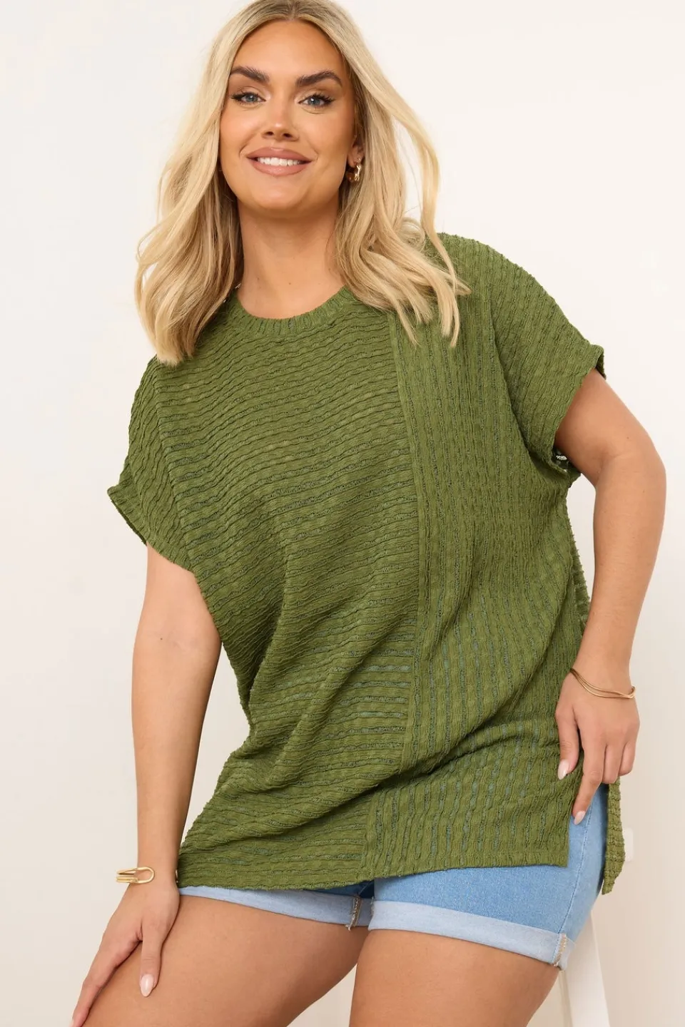 Tops>YOURS Curve Green Textured Split Seam Top