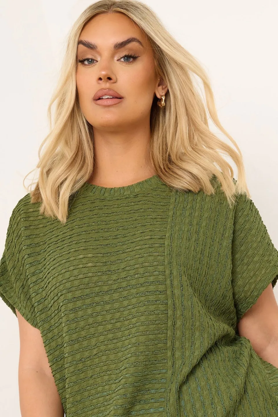Tops>YOURS Curve Green Textured Split Seam Top