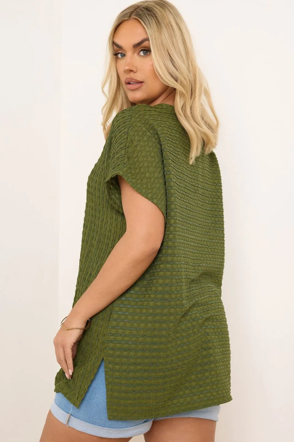 Tops>YOURS Curve Green Textured Split Seam Top