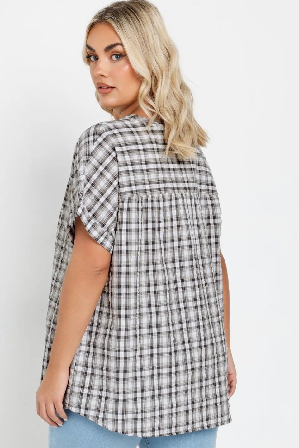Tops>YOURS Curve Grey Check Print Textured Blouse
