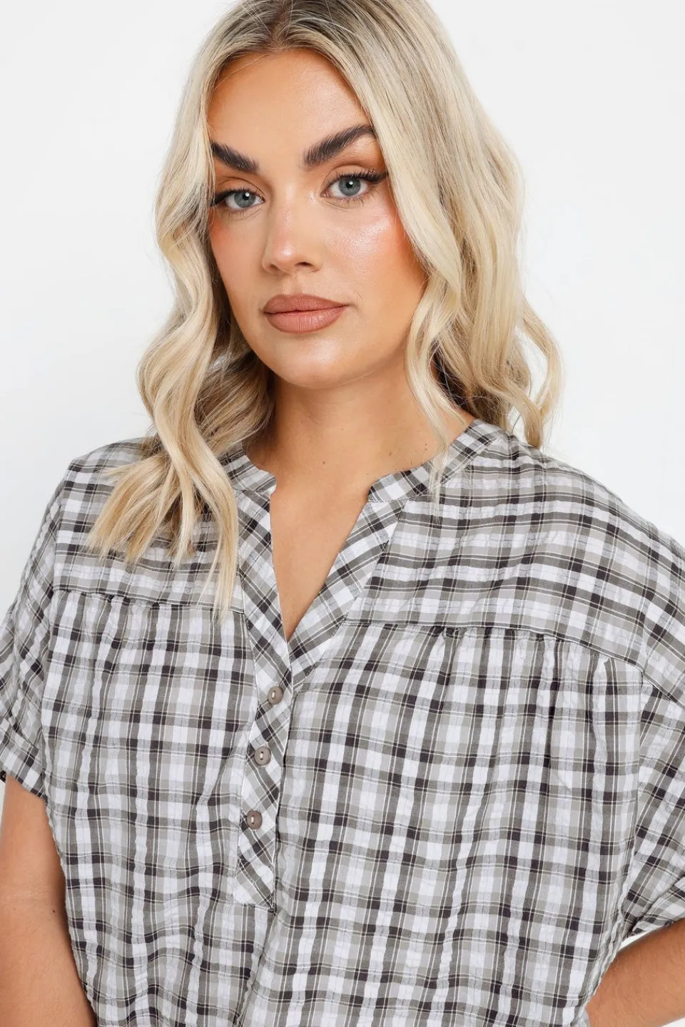 Tops>YOURS Curve Grey Check Print Textured Blouse