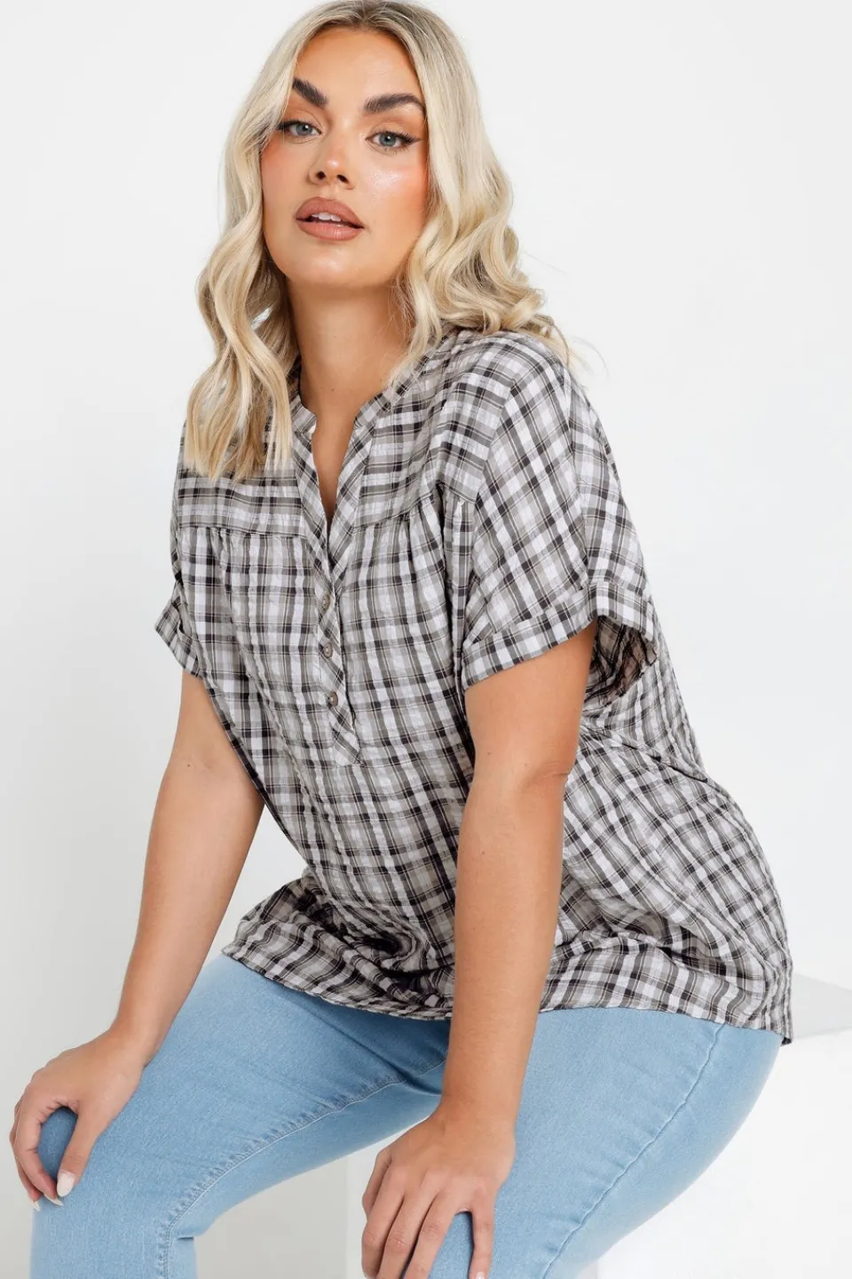 Tops>YOURS Curve Grey Check Print Textured Blouse