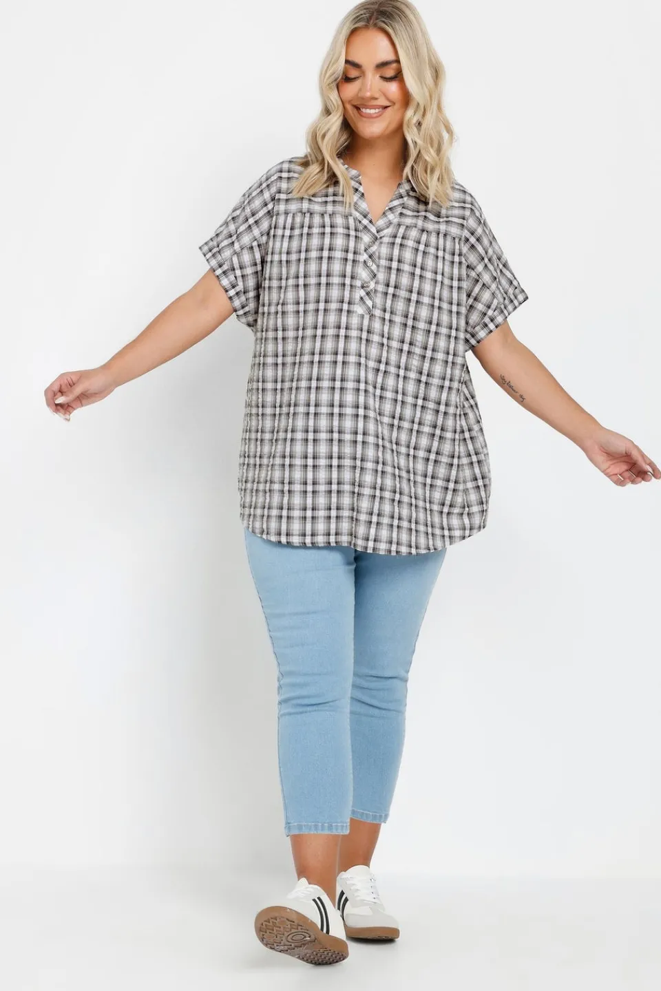 Tops>YOURS Curve Grey Check Print Textured Blouse