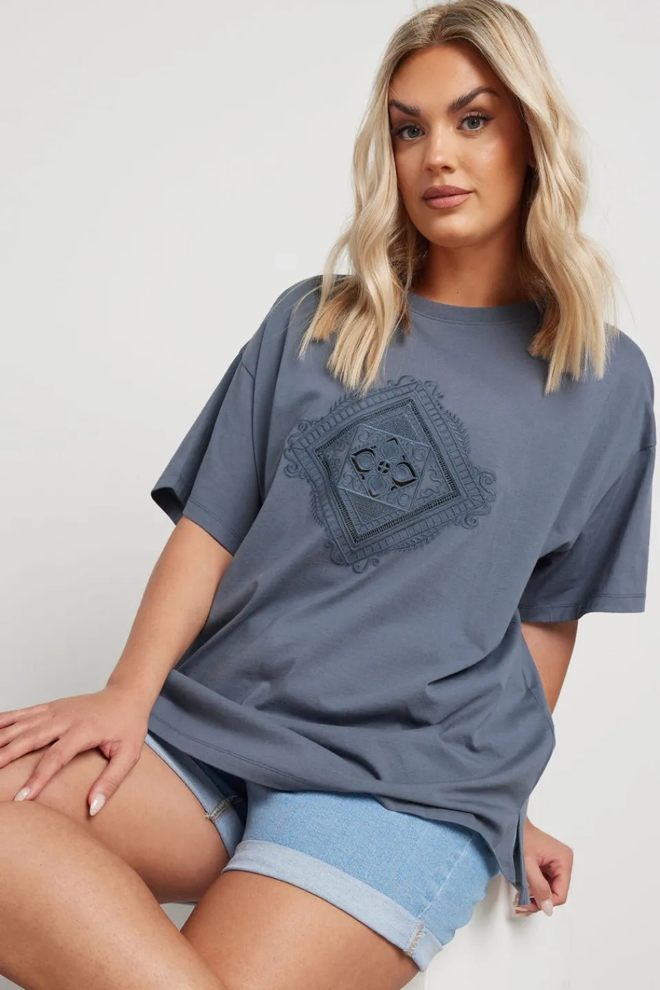 T-Shirts>YOURS Curve Grey Embroidered Boho Diamond Oversized T-Shirt