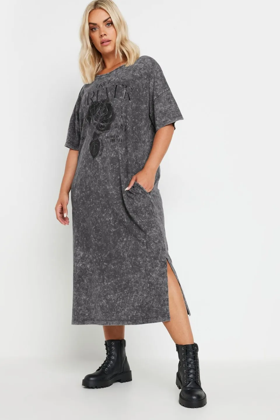 T-Shirts>YOURS Curve Grey Rose Graphic Print T Shirt Dress