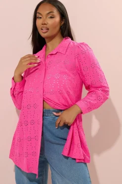 Tops>YOURS Curve Hot Pink Broderie Anglaise Long Sleeve Shirt