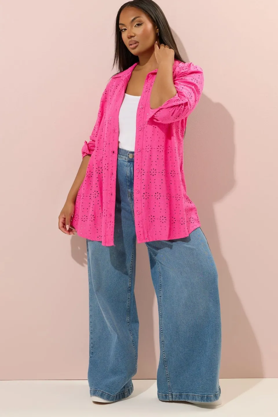 Tops>YOURS Curve Hot Pink Broderie Anglaise Long Sleeve Shirt